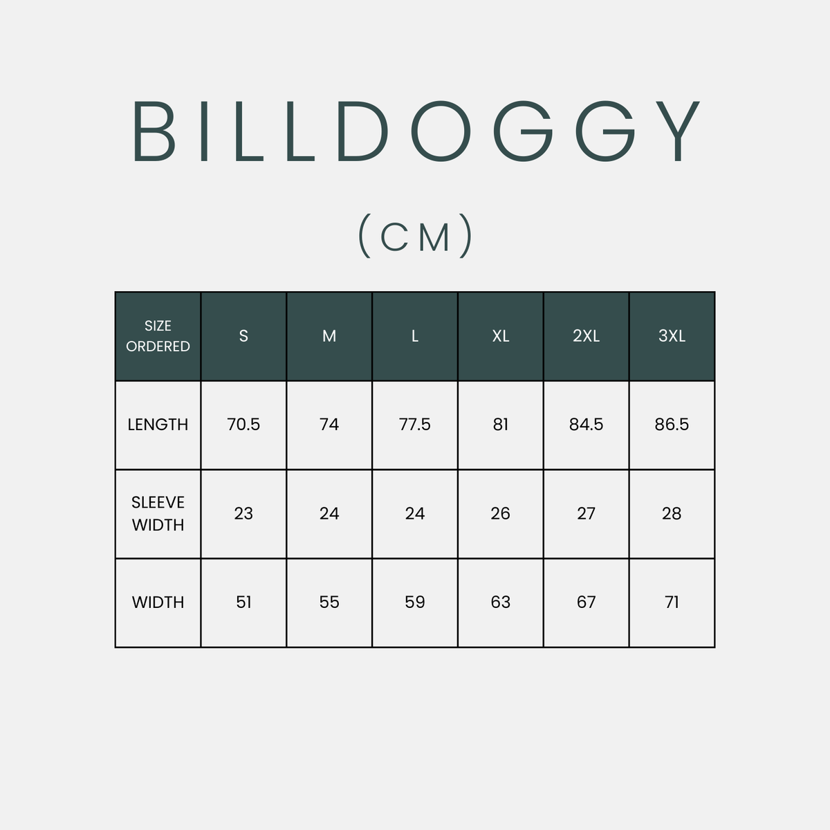 Size chart in centimeters