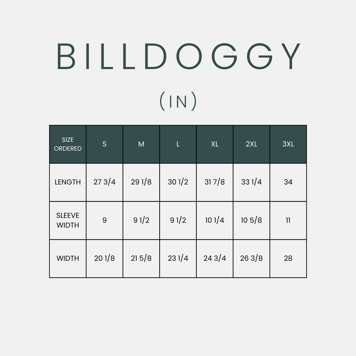 Size chart in inches